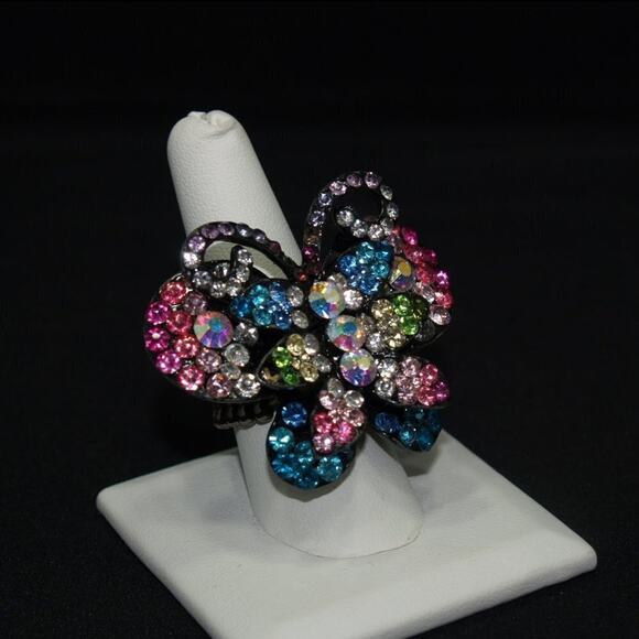 Butterfly Rhinestone Multicolored Stretch Ring, Fits 6 - 9 Stretch - Picture 3 of 8